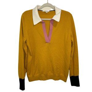 Boden Mustard V-Neck Sweater with Pink and Black Accents